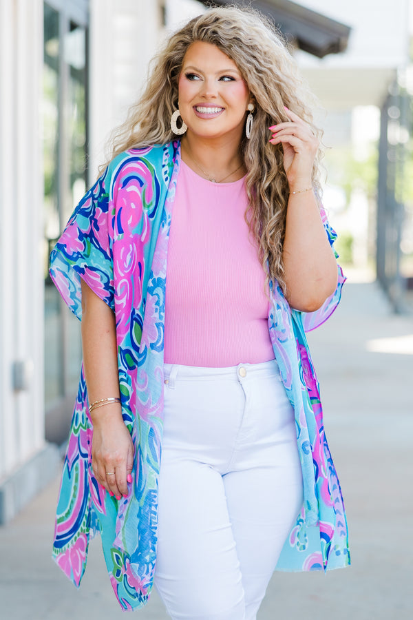  Chic Soul plus size clothing, short-sleeve blue-pink kimono with teal swirly floral detailed pattern