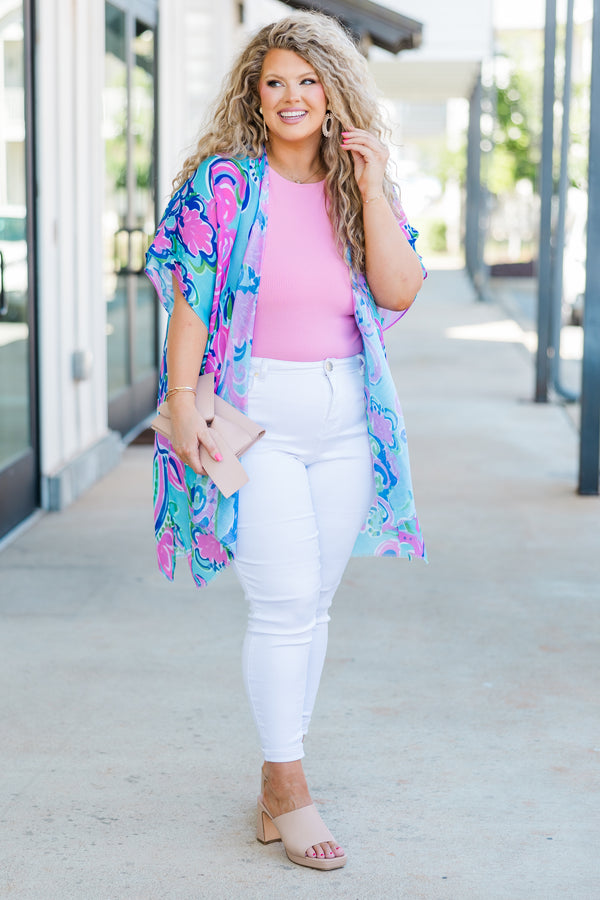  Chic Soul plus size clothing, short-sleeve blue-pink kimono with teal swirly floral detailed pattern