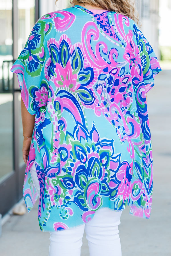  Chic Soul plus size clothing, short-sleeve blue-pink kimono with teal swirly floral detailed pattern