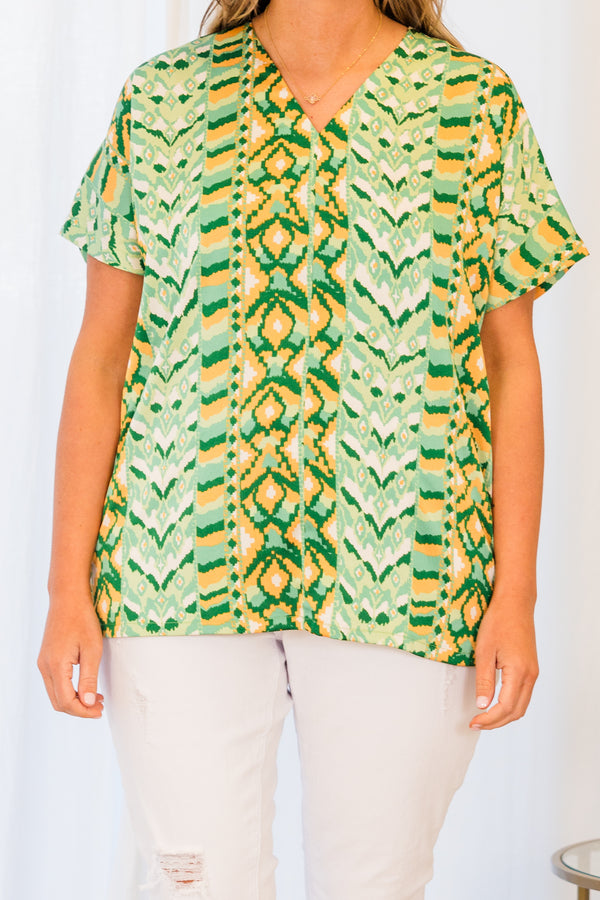 Chic Soul plus size clothing, green aztec pattern short sleeve top with v neckline