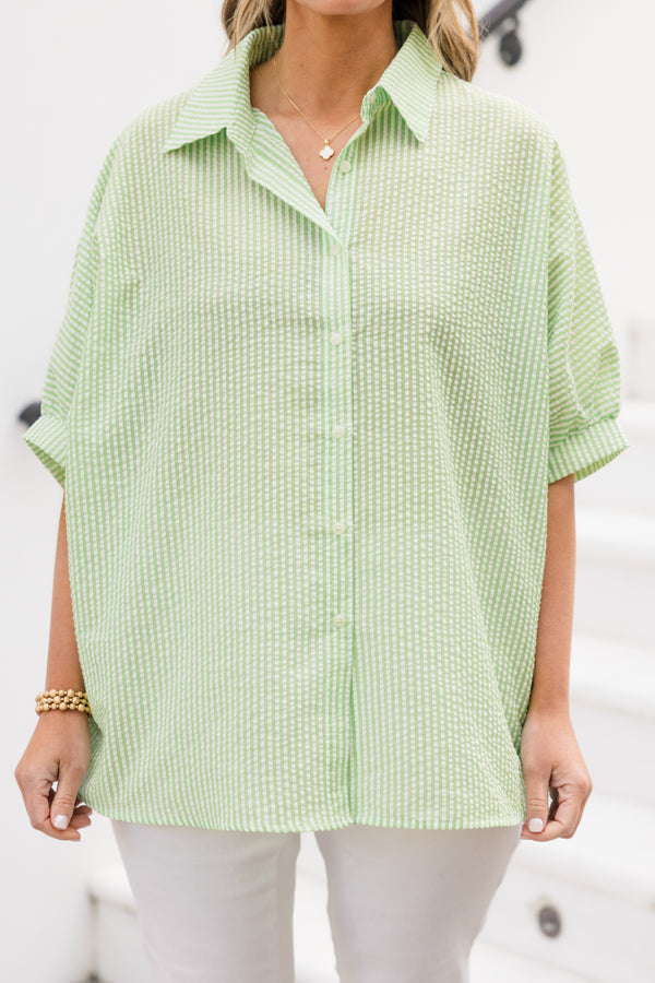Chic Soul plus size clothing, green stripe print button up short sleeve top with collar detail and cuff detail on sleeves