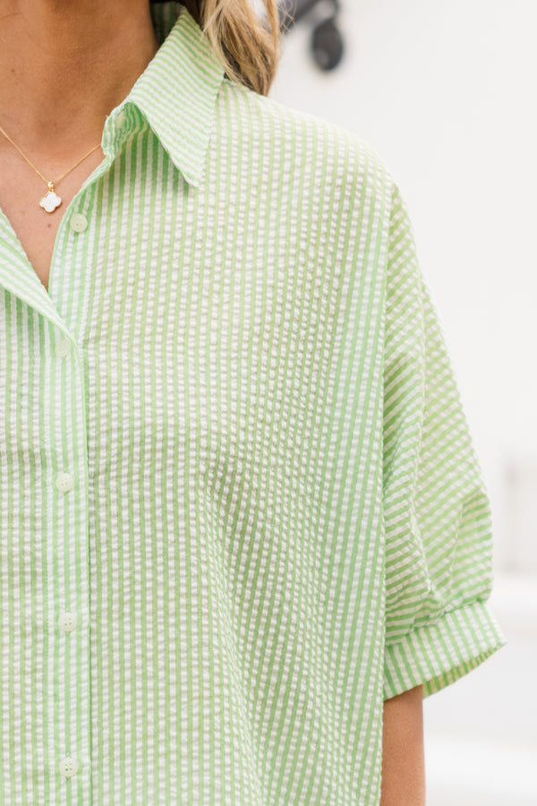 Chic Soul plus size clothing, green stripe print button up short sleeve top with collar detail and cuff detail on sleeves