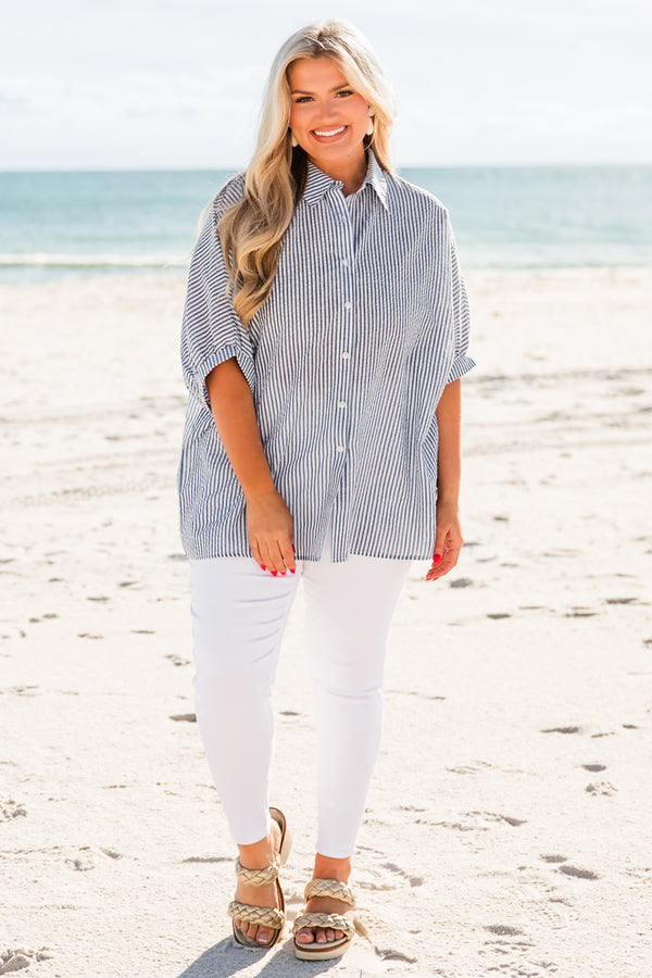 Chic Soul plus size clothing, short sleeve navy stripe button up top with collar and cuff sleeves