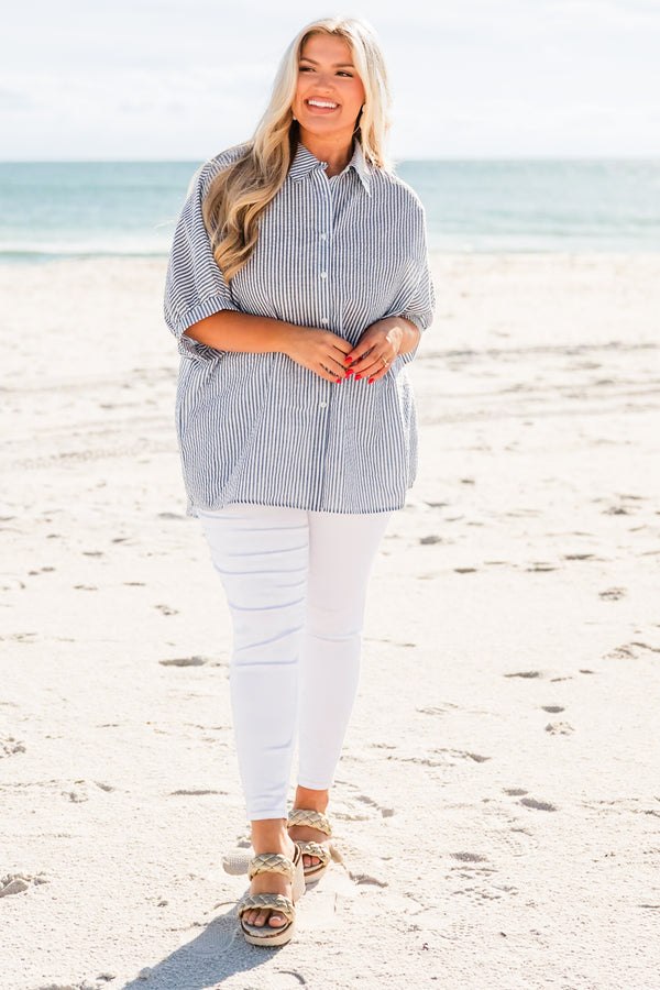 Chic Soul plus size clothing, short sleeve navy stripe button up top with collar and cuff sleeves