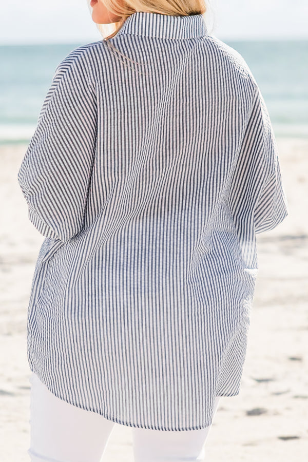 Chic Soul plus size clothing, short sleeve navy stripe button up top with collar and cuff sleeves