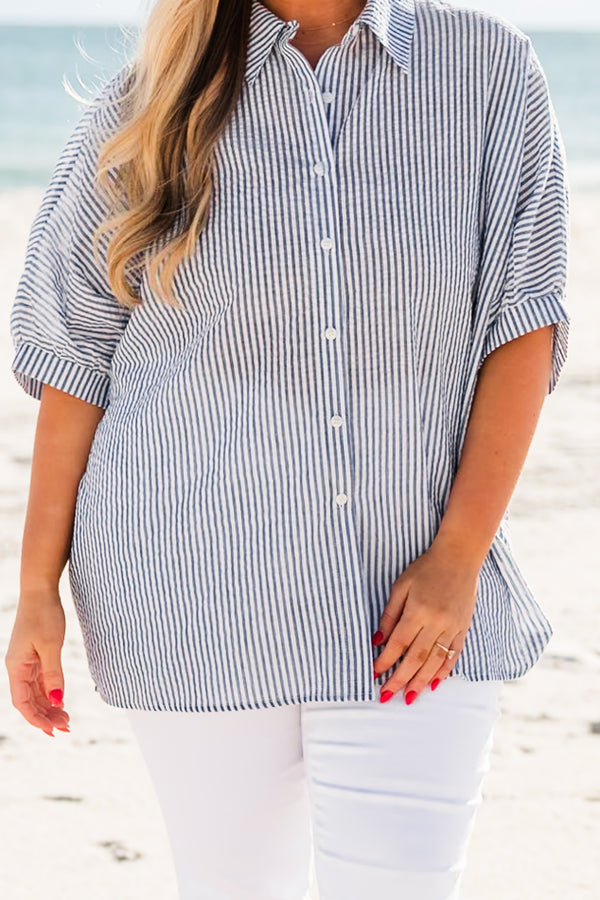 Chic Soul plus size clothing, short sleeve navy stripe button up top with collar and cuff sleeves