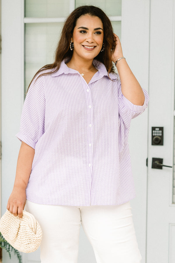 Chic Soul Plus size clothing, White and purple short sleeve casual button up top with a striped pattern 
