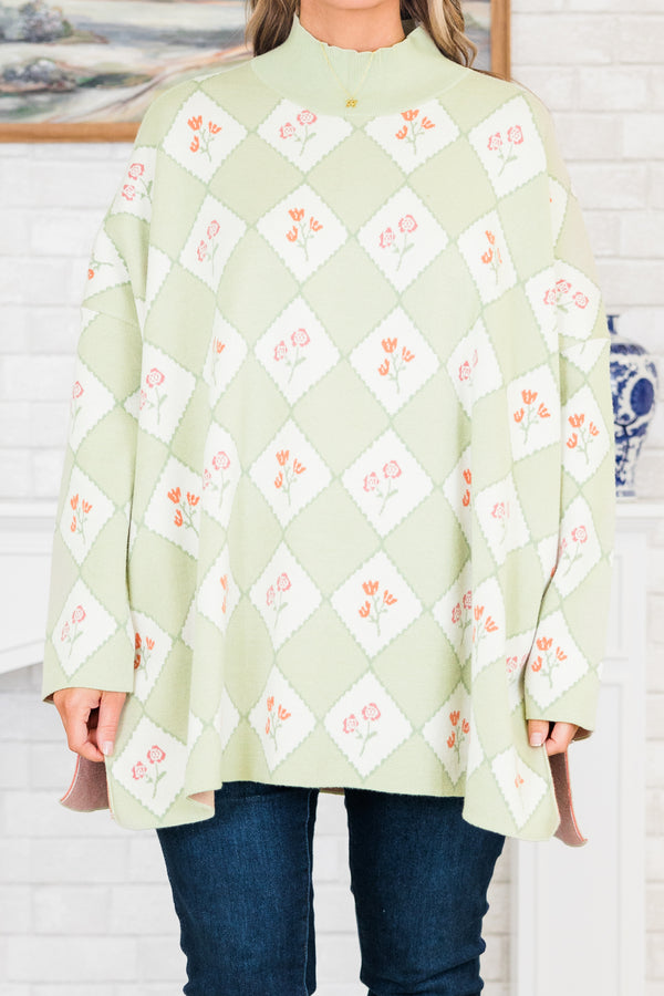 Chic Soul plus size clothing, sage long sleeve checkered print sweater with floral multi print with mock neckline with slits on the side