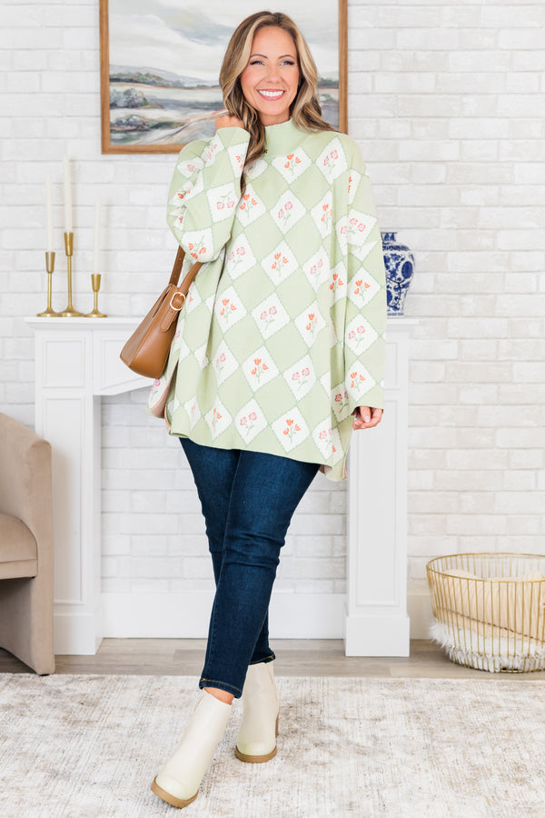 Chic Soul plus size clothing, sage long sleeve checkered print sweater with floral multi print with mock neckline with slits on the side
