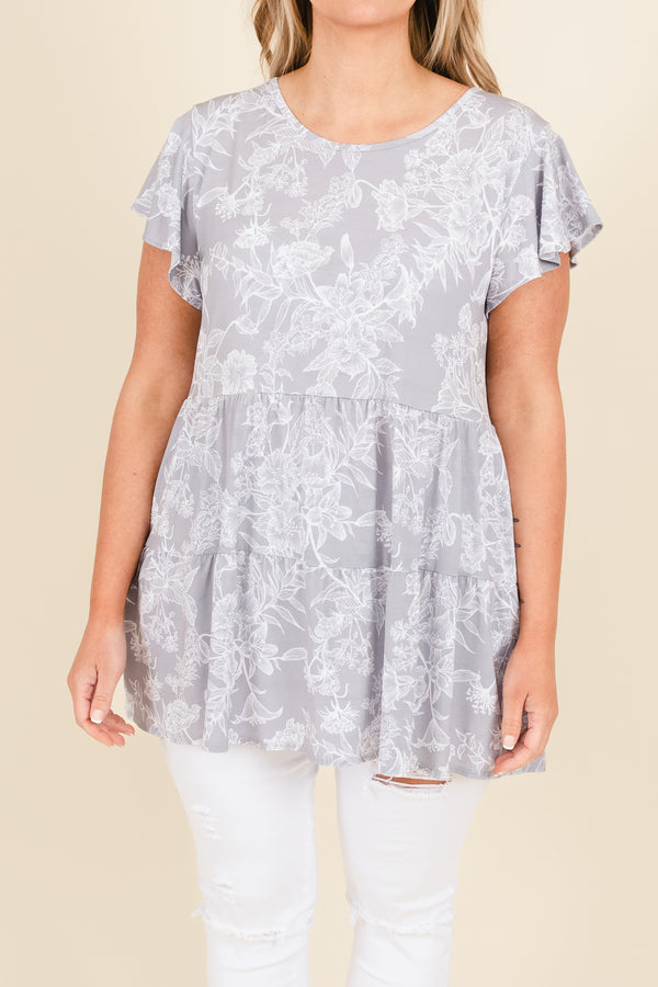 Chic Soul plus size clothing, gray tiered style top with white floral pattern and ruffle sleeves