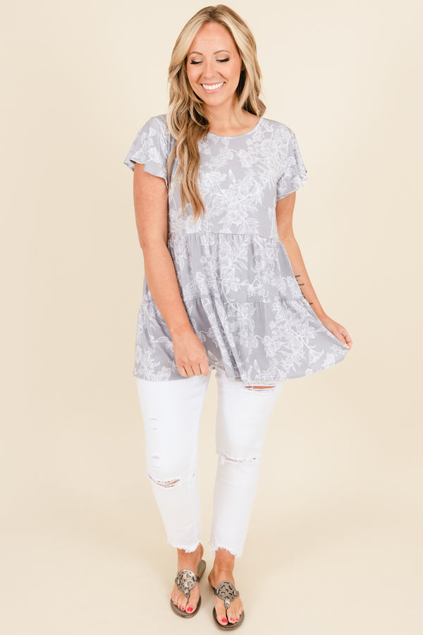 Chic Soul plus size clothing, gray tiered style top with white floral pattern and ruffle sleeves