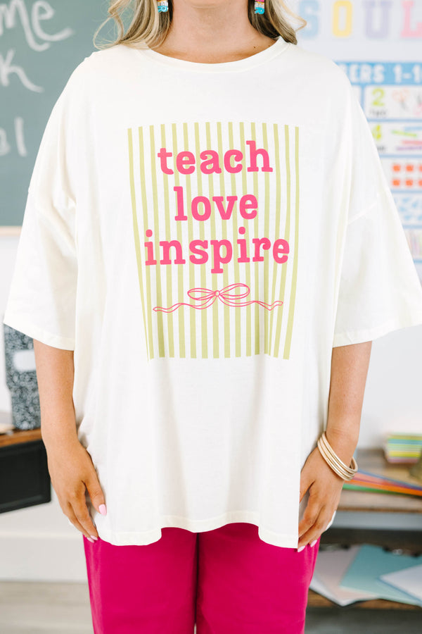 Plus Size ivory boyfriend tee with 'teach love inspire' graphic in hot pink with green stripe background