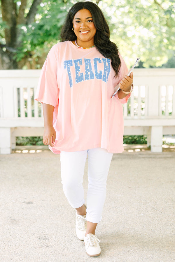Plus size dark pink oversized boyfriend tee with blue polka dot 'TEACH' graphic