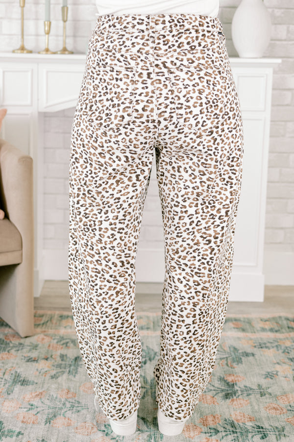 Chic Soul plus size clothing, cream white leopard print high-waisted barrel jeans with a silver button detailing