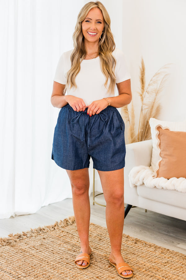 Chic Soul plus size clothing, dark denim drawstring shorts with pockets