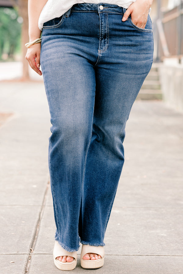 Chic Soul plus size clothing, dark wash denim straight leg jeans with fringed hem