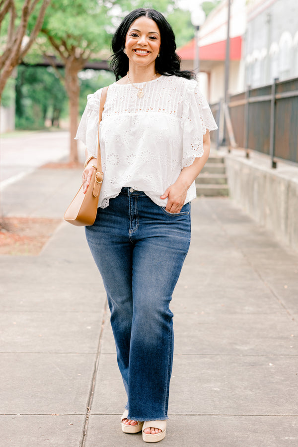 Chic Soul plus size clothing, dark wash denim straight leg jeans with fringed hem