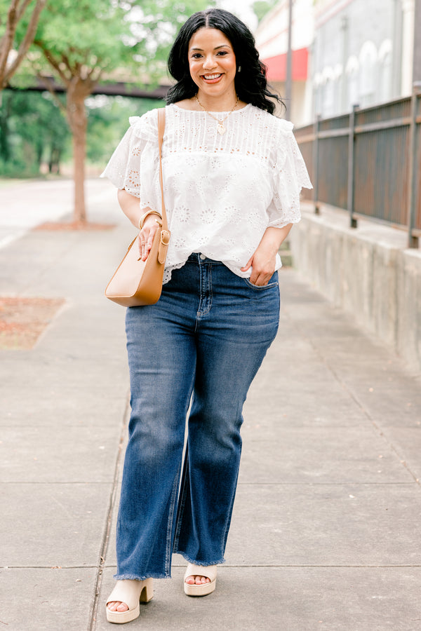 Chic Soul plus size clothing, dark wash denim straight leg jeans with fringed hem