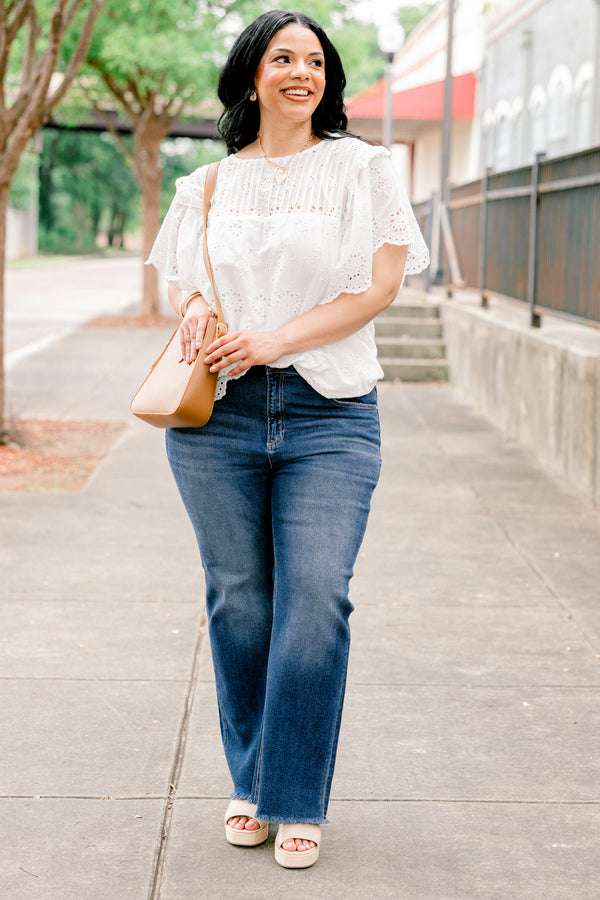 Chic Soul plus size clothing, dark wash denim straight leg jeans with fringed hem