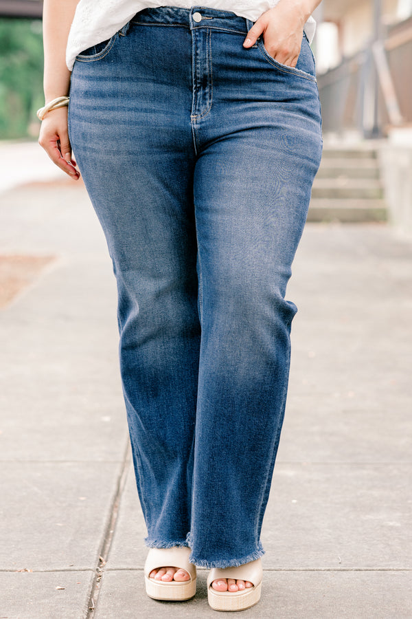 Chic Soul plus size clothing, dark wash denim straight leg jeans with fringed hem