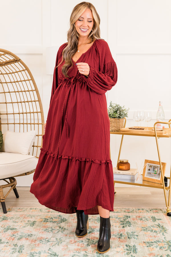 Chic Soul plus size clothing,  long-sleeve burgundy red ruffled baby doll midi dress with ruffles along seams and v-neckline