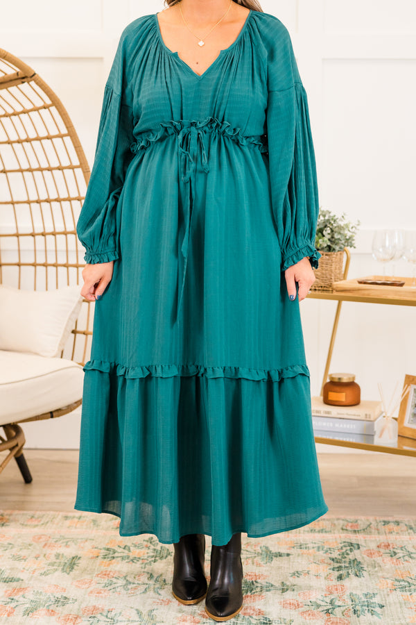 Chic Soul plus size clothing, long-sleeve jade green ruffled baby doll midi dress with ruffles along seams and v-neckline