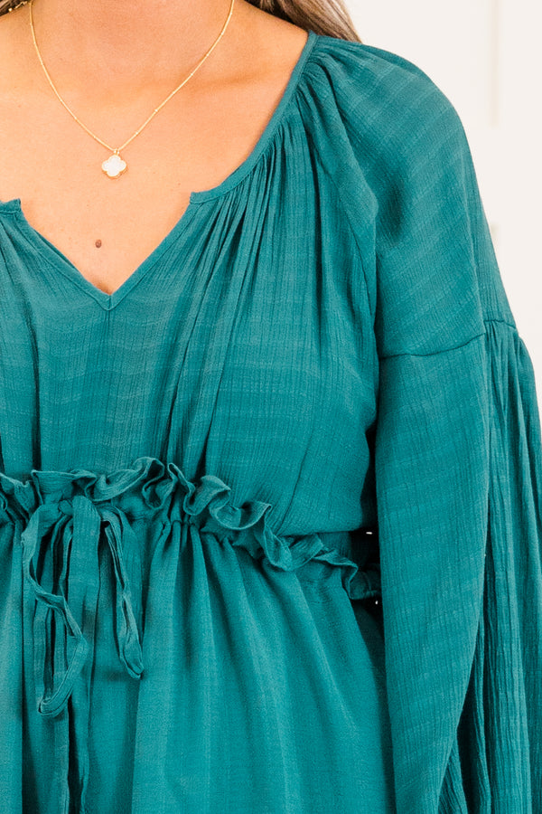 Chic Soul plus size clothing, long-sleeve jade green ruffled baby doll midi dress with ruffles along seams and v-neckline