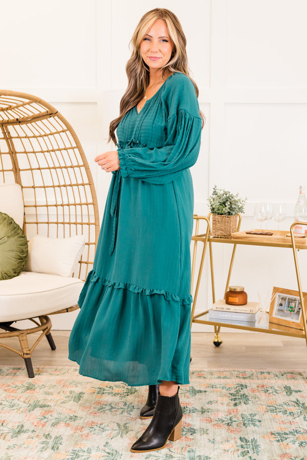Chic Soul plus size clothing, long-sleeve jade green ruffled baby doll midi dress with ruffles along seams and v-neckline