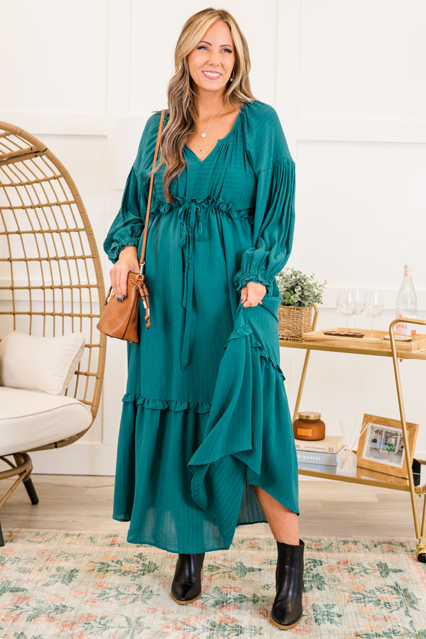 Chic Soul plus size clothing, long-sleeve jade green ruffled baby doll midi dress with ruffles along seams and v-neckline
