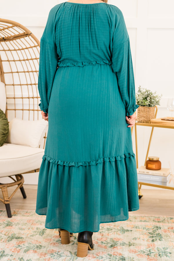 Chic Soul plus size clothing, long-sleeve jade green ruffled baby doll midi dress with ruffles along seams and v-neckline
