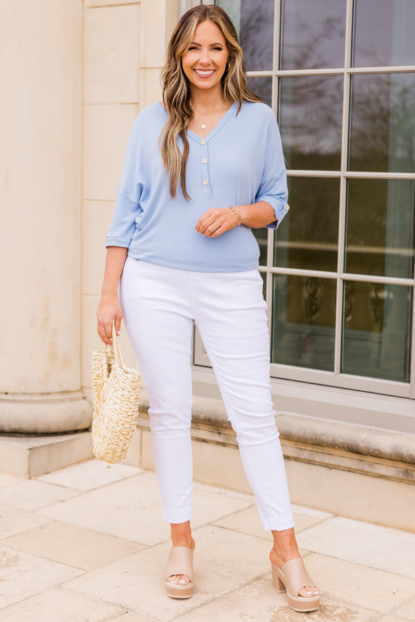 Chic Soul plus size clothing, blue textured top with half sleeves and front three buttons