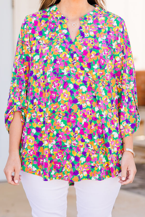 Chic Soul plus size clothing, emerald floral multi pattern top with three quarter sleeves with v cutout on neckline
