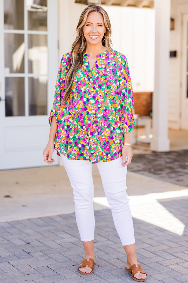 Chic Soul plus size clothing, emerald floral multi pattern top with three quarter sleeves with v cutout on neckline