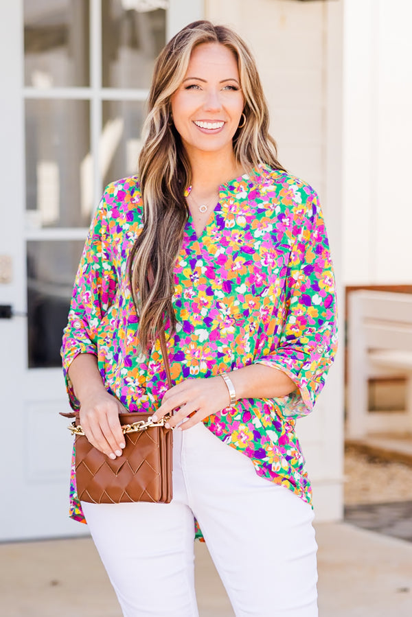 Chic Soul plus size clothing, emerald floral multi pattern top with three quarter sleeves with v cutout on neckline
