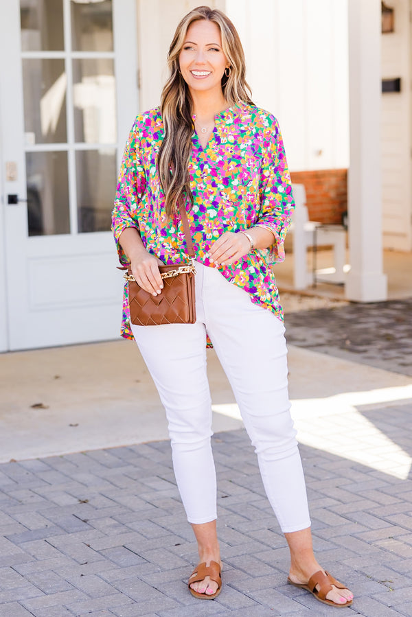 Chic Soul plus size clothing, emerald floral multi pattern top with three quarter sleeves with v cutout on neckline