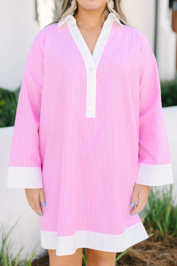 Chic Soul plus size clothing, pink knee length long sleeve dress with a stripe pattern as well as  white cuffs at the end of the sleeves bottom of the dress and along the v-neckline 