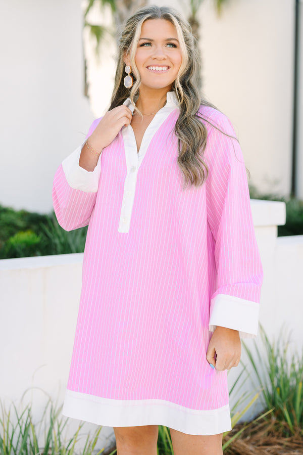 Chic Soul plus size clothing, pink knee length long sleeve dress with a stripe pattern as well as  white cuffs at the end of the sleeves bottom of the dress and along the v-neckline 