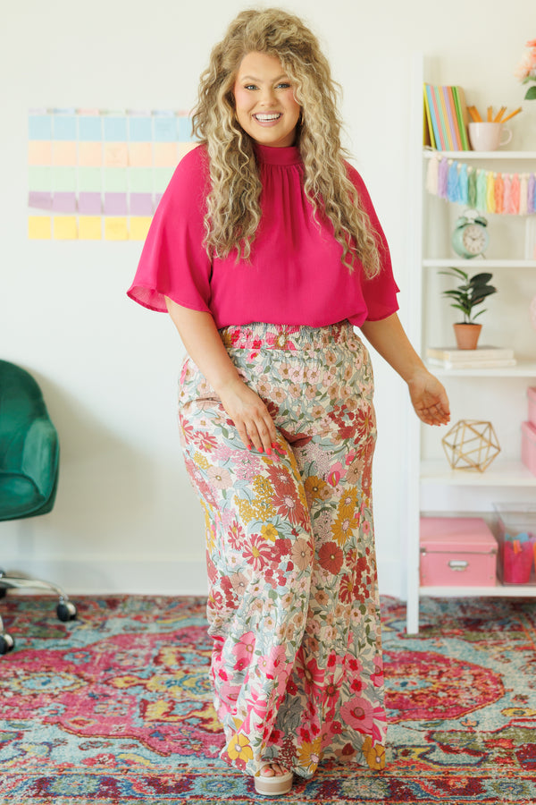 Chic Soul plus size clothing, fuchsia pink flowy top with a high neckline and flowy elbow length sleeves