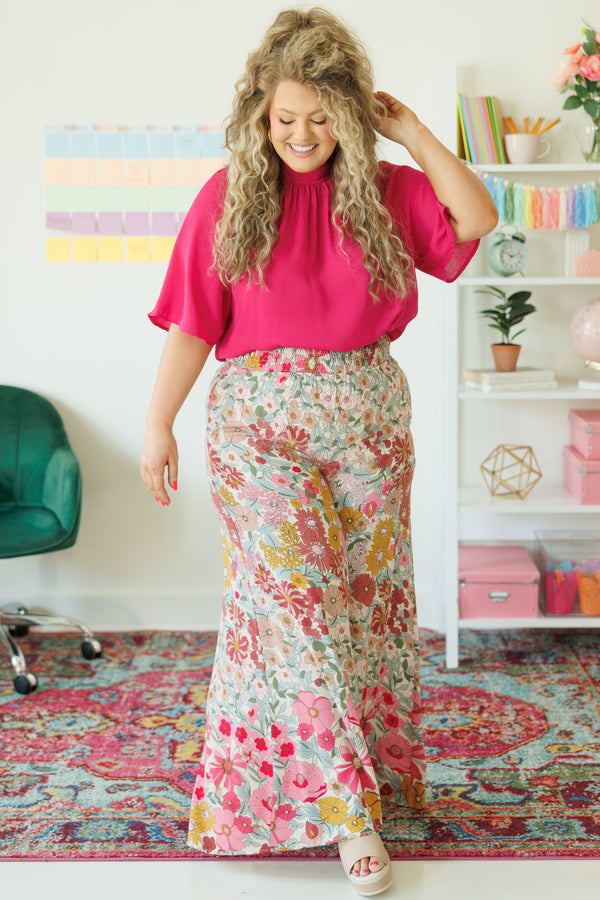 Chic Soul plus size clothing, fuchsia pink flowy top with a high neckline and flowy elbow length sleeves