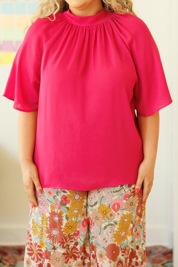 Chic Soul plus size clothing, fuchsia pink flowy top with a high neckline and flowy elbow length sleeves