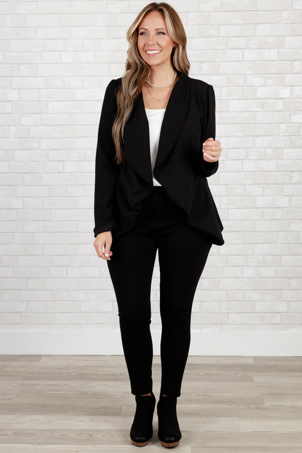 Chic Soul plus size clothing, black colored shorter length blazer simple business professional style blazer jacket top not heavy material