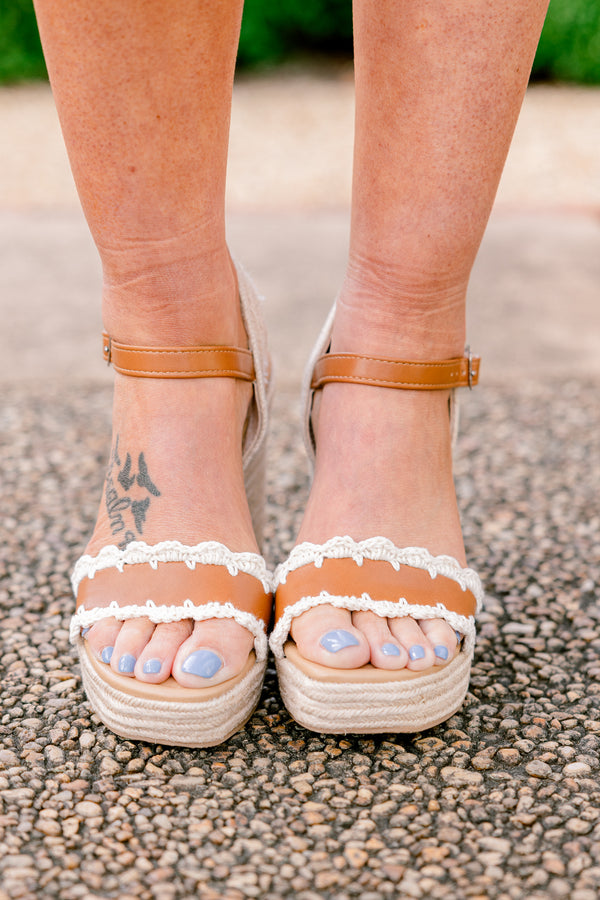 Chic Soul plus size clothing, tan wedge heels with a rope lined chunky heel with a subtle lace lining on the open-toed strap