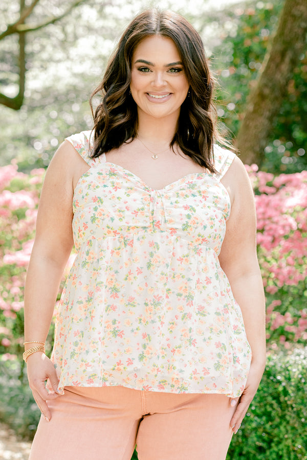 Chic Soul plus size clothing, sleeveless ivory white tank top with a sweetheart neckline and a multicolored subtle floral pattern
