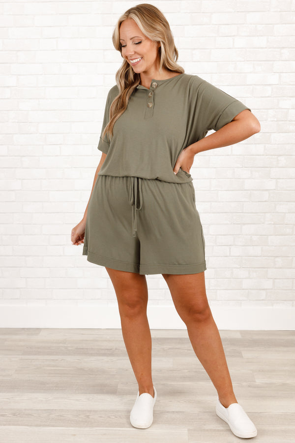 Chic Soul plus sized clothing, light olive romper with an cinched waistline and buttoned detail