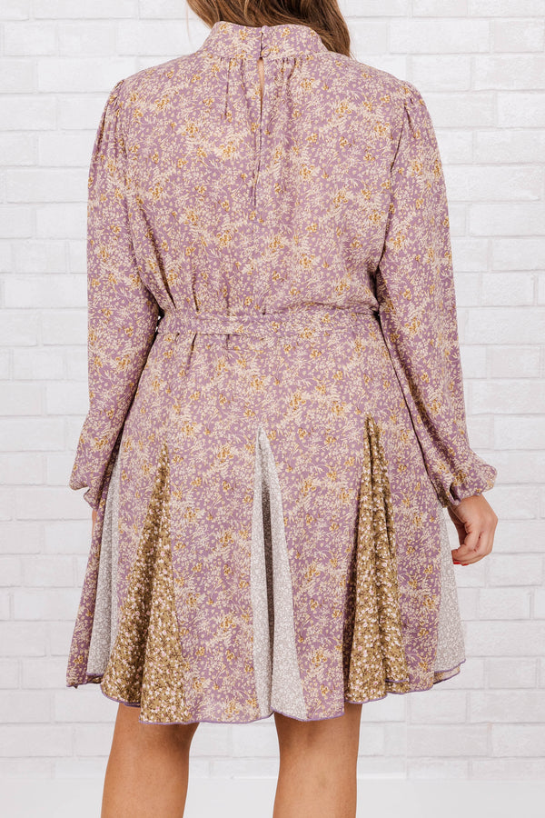 Chic Soul plus size clothing, lavender and tan floral pattern high neck dress with a tie at waist and bubble sleeves