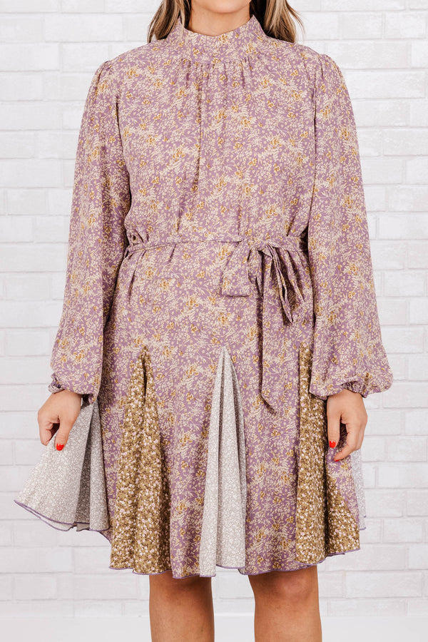 Chic Soul plus size clothing, lavender and tan floral pattern high neck dress with a tie at waist and bubble sleeves