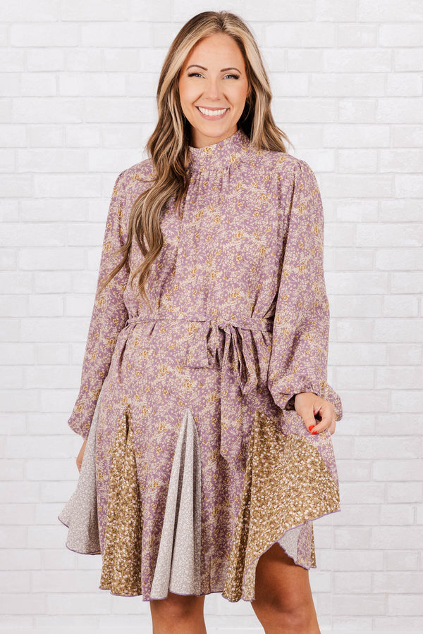 Chic Soul plus size clothing, lavender and tan floral pattern high neck dress with a tie at waist and bubble sleeves