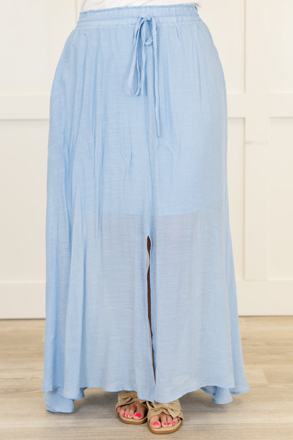 Chic Soul plus size clothing, misty blue maxi skirt with adjustable drawstring and elastic waistband