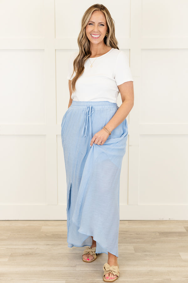 Chic Soul plus size clothing, misty blue maxi skirt with adjustable drawstring and elastic waistband