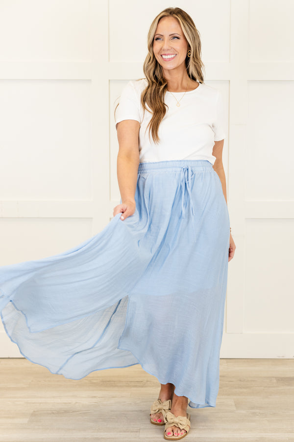 Chic Soul plus size clothing, misty blue maxi skirt with adjustable drawstring and elastic waistband